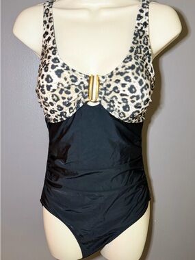 Leopard Print One Piece Swimsuit Black Gold Detail U-Bar Cutout Tummy Control M